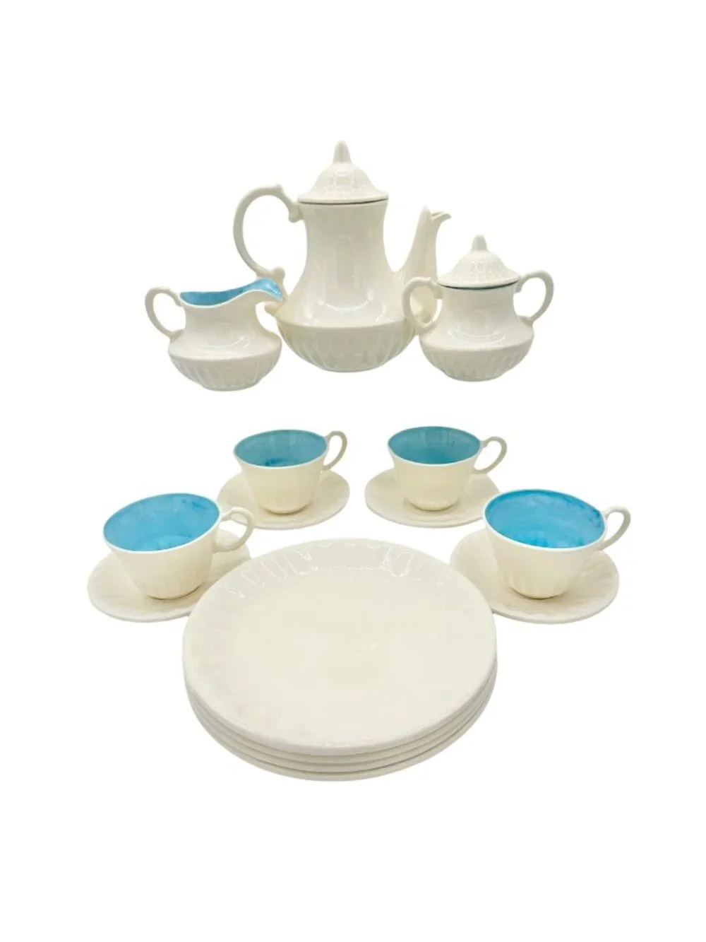Childrens 17 Piece Ceramic Tea Set With Blue Interiors and White Exterior Design
